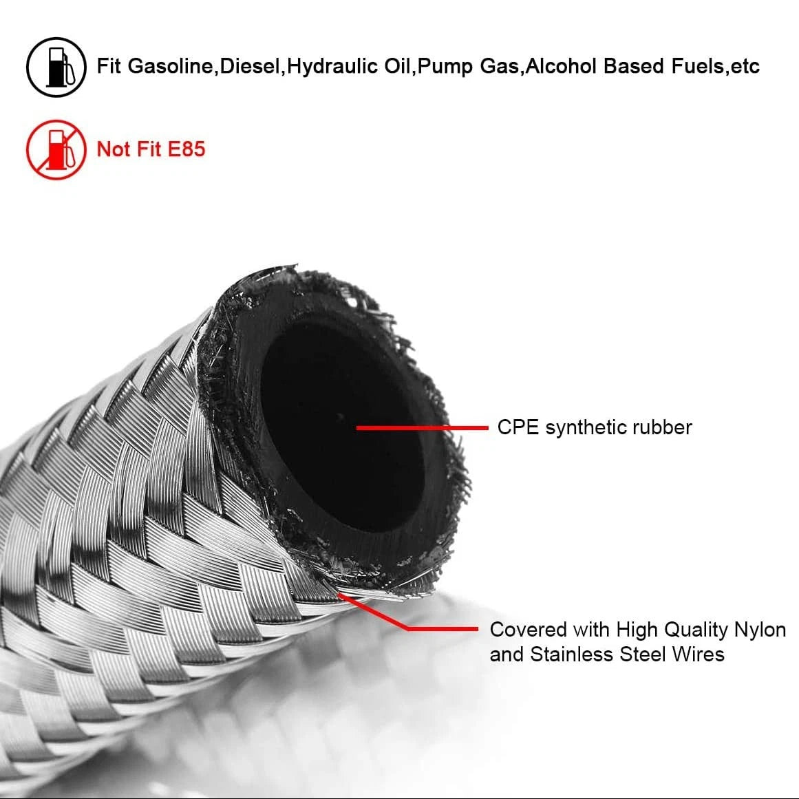 12FT 6AN Braided Stainless Steel Fuel Line Hose with 6 Pcs Silver Fittings