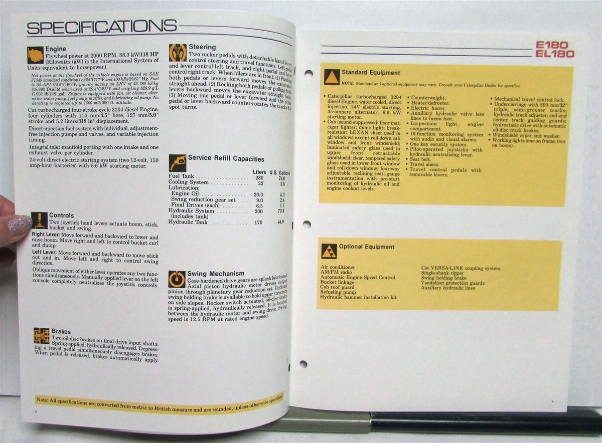 Excavator Sales Brochure for CAT E180 EL180 (1987)