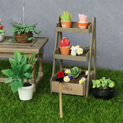 Mini Dollhouse Bonsai Pot Plant Flower 1:12 Model 3-Layer Shelf Rack
