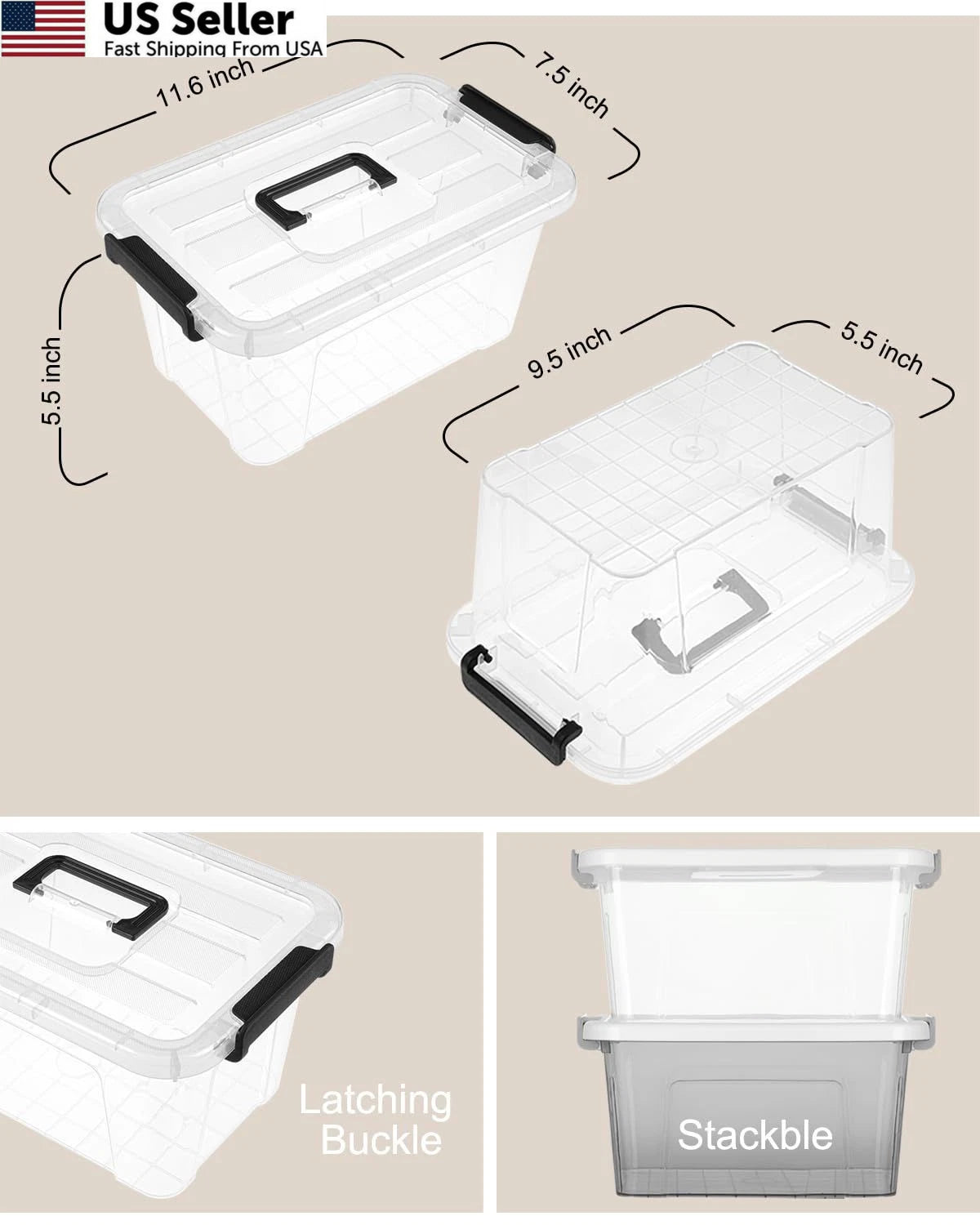 Set of 6 Plastic Storage Bins with Lids, Clear, 11.61 x 7.48 x 5.51 inches