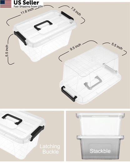 Set of 6 Plastic Storage Bins with Lids, Clear, 11.61 x 7.48 x 5.51 inches