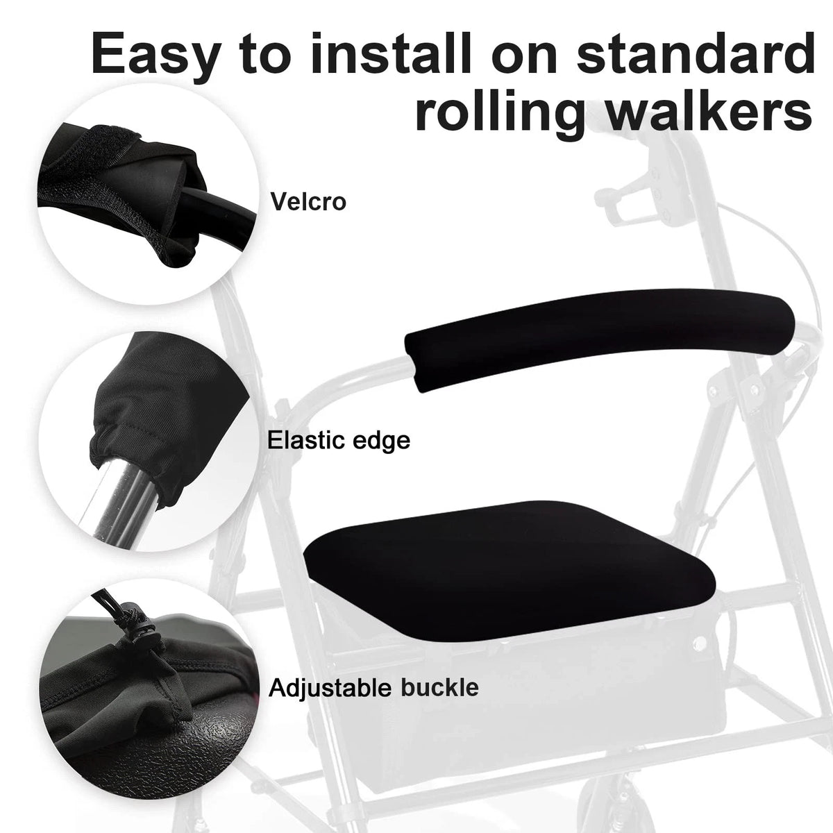 Set of 2 Rollator Walker Seat & Backrest Covers - Adjustable Black
