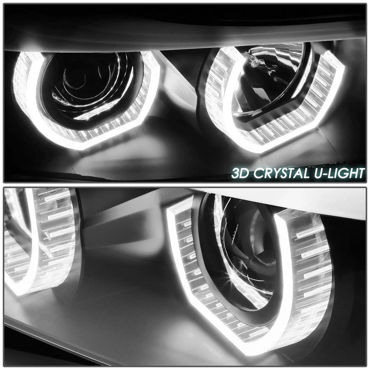 Pair of Dual LED U Halo Projector Headlights for BMW E90 3-Series (2006–2008)