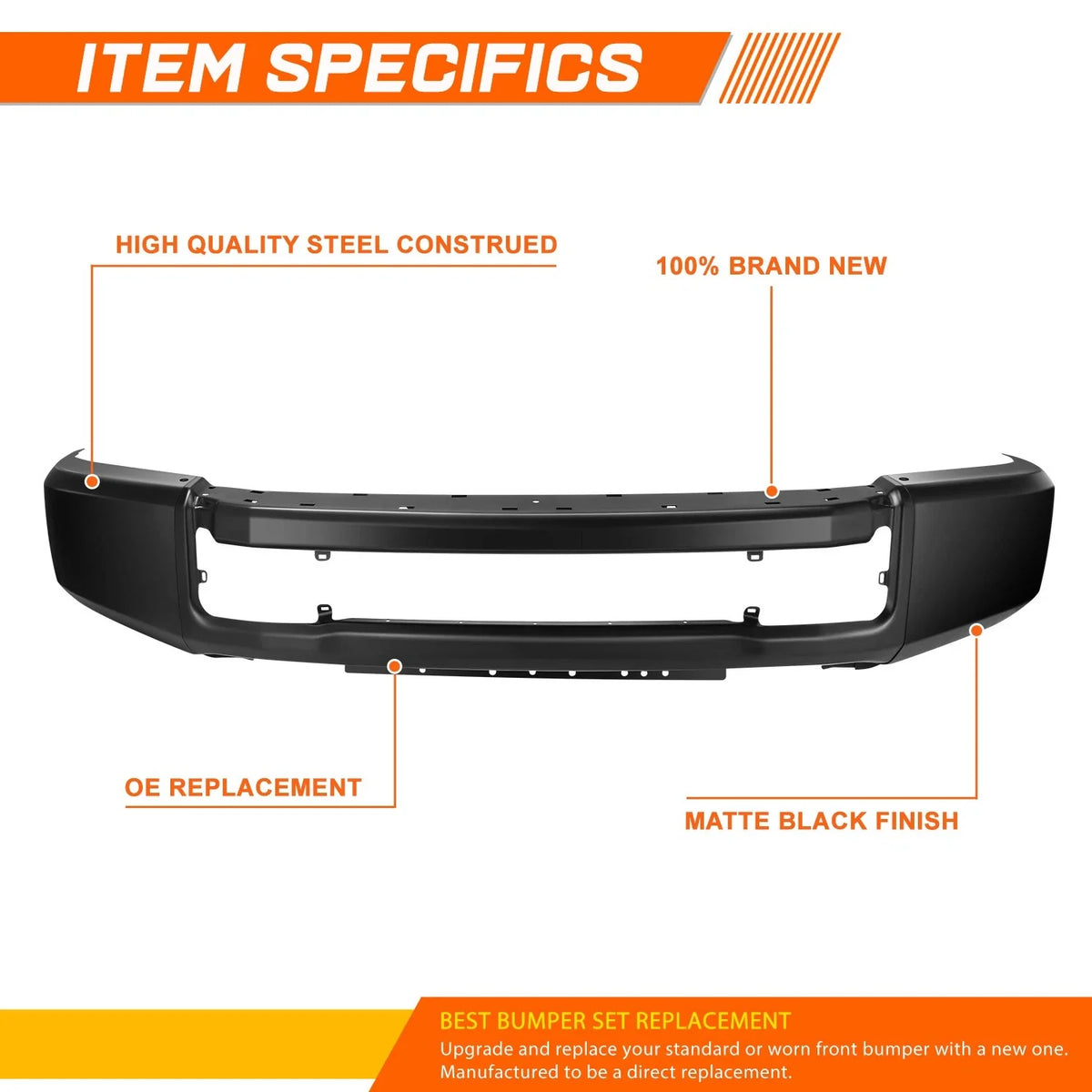 Front Bumper Face Bar for Ford F250 F350 SD SRW (2020–2022) w/o Fog Light Holes Black