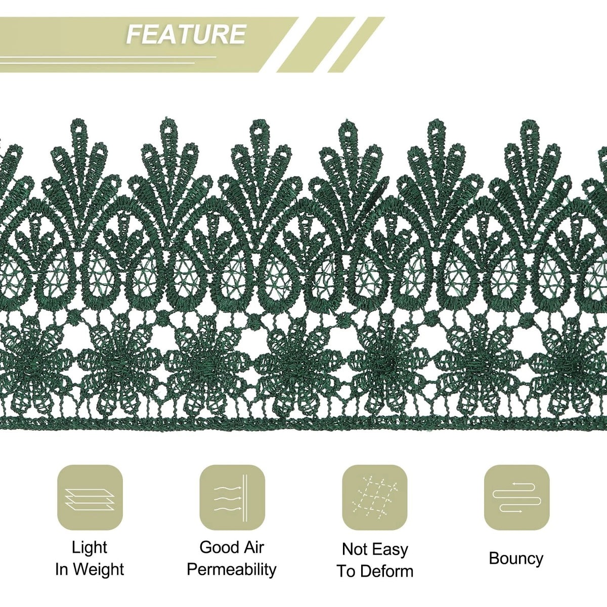 3 Inch Wide Lace Ribbon for Floral Crafts (5 Yards, Dark Green)