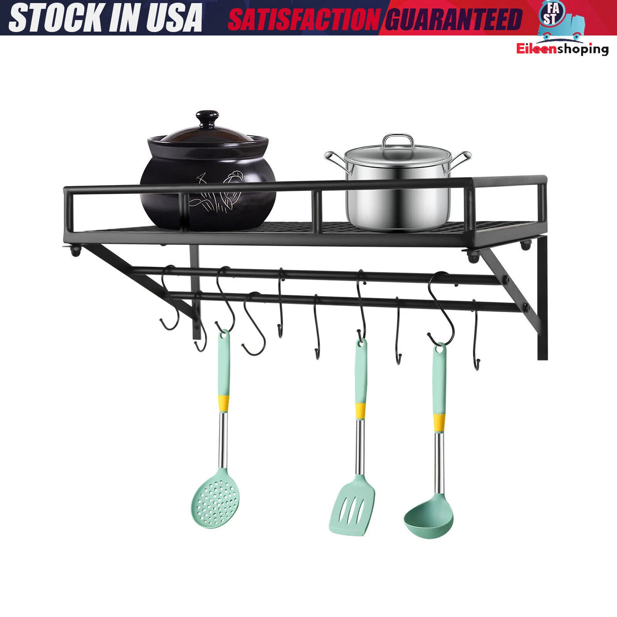 Wall Mounted Storage Shelf for Cookware with 10 Hooks