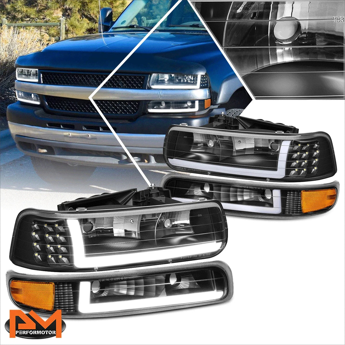 LED DRL Bumper Headlights for Chevy Silverado (1999–2002) Black Housing Amber Corner