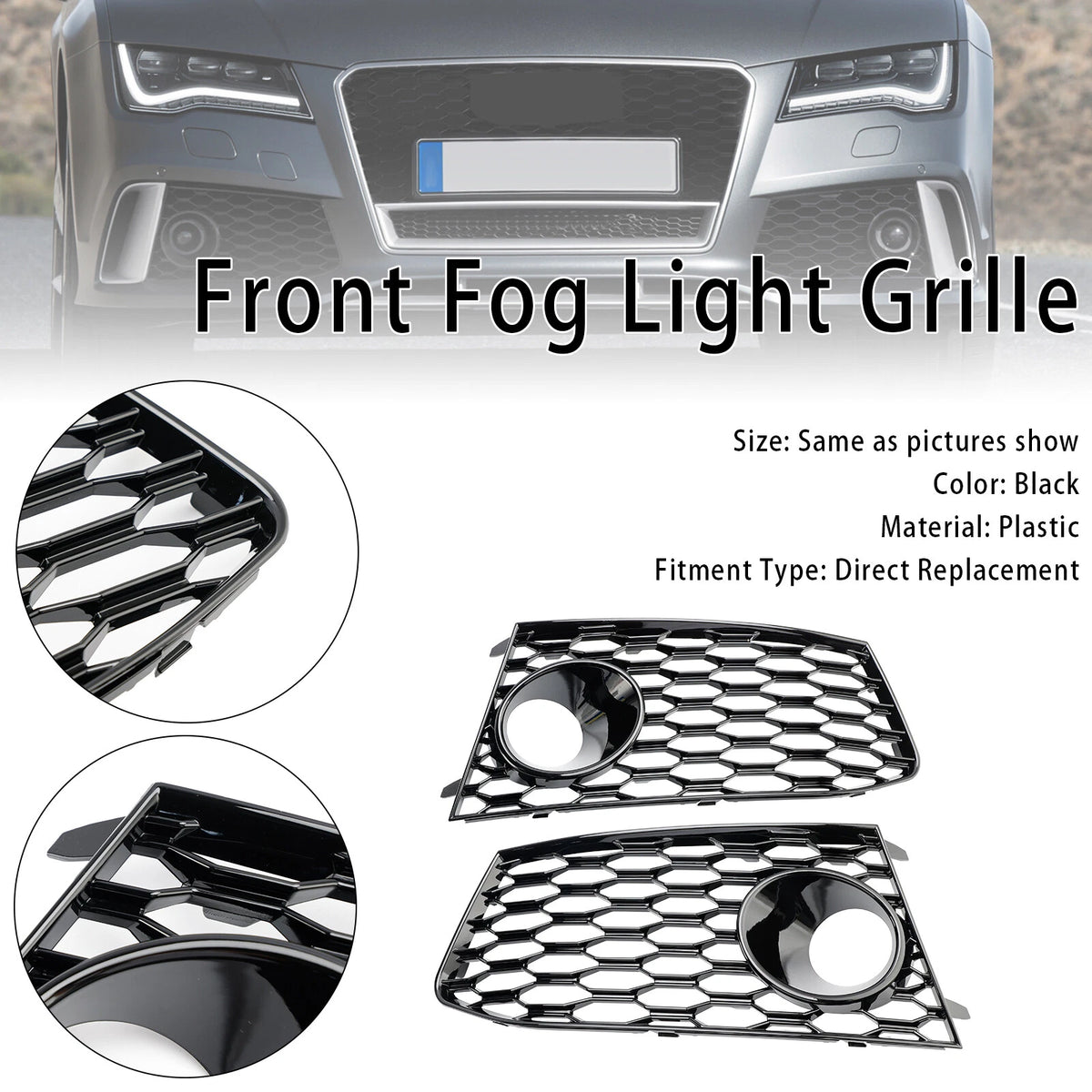 Pair Fog Light Lamp Frame Grille Covers for Audi RS7 (2014–2018) Grille-643-A