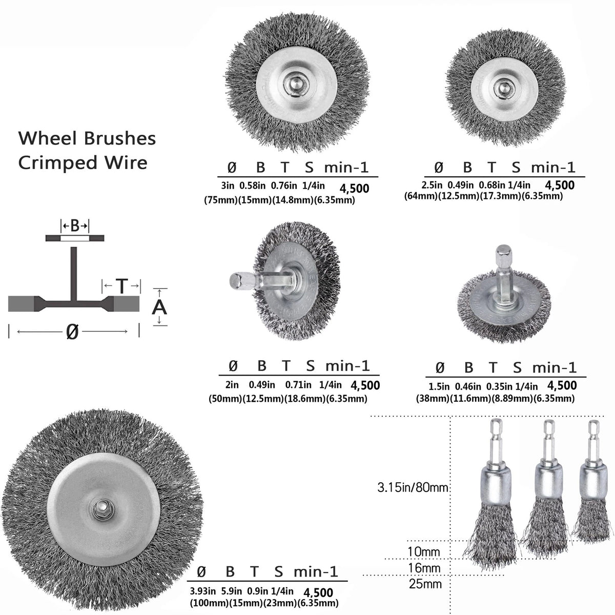Wire Wheel Cup Brush Set for Die Grinder (0.012-Inch Coarse Crimped)