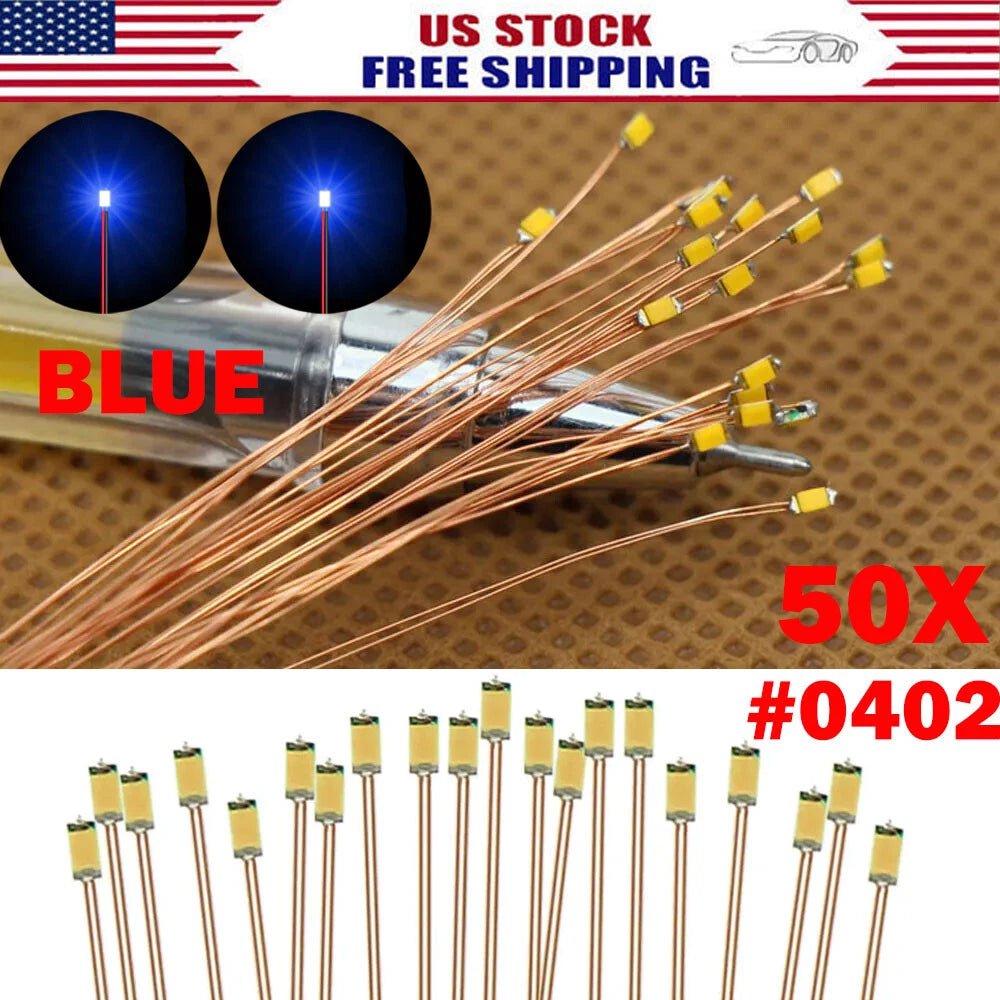 50PC Pre Wired Blue SMD LEDs Lighting Kits #0402 Micro LEDs