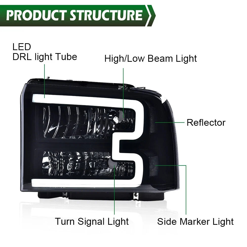 LED DRL Headlights for Ford F250 F350 Super Duty (2005–2007)