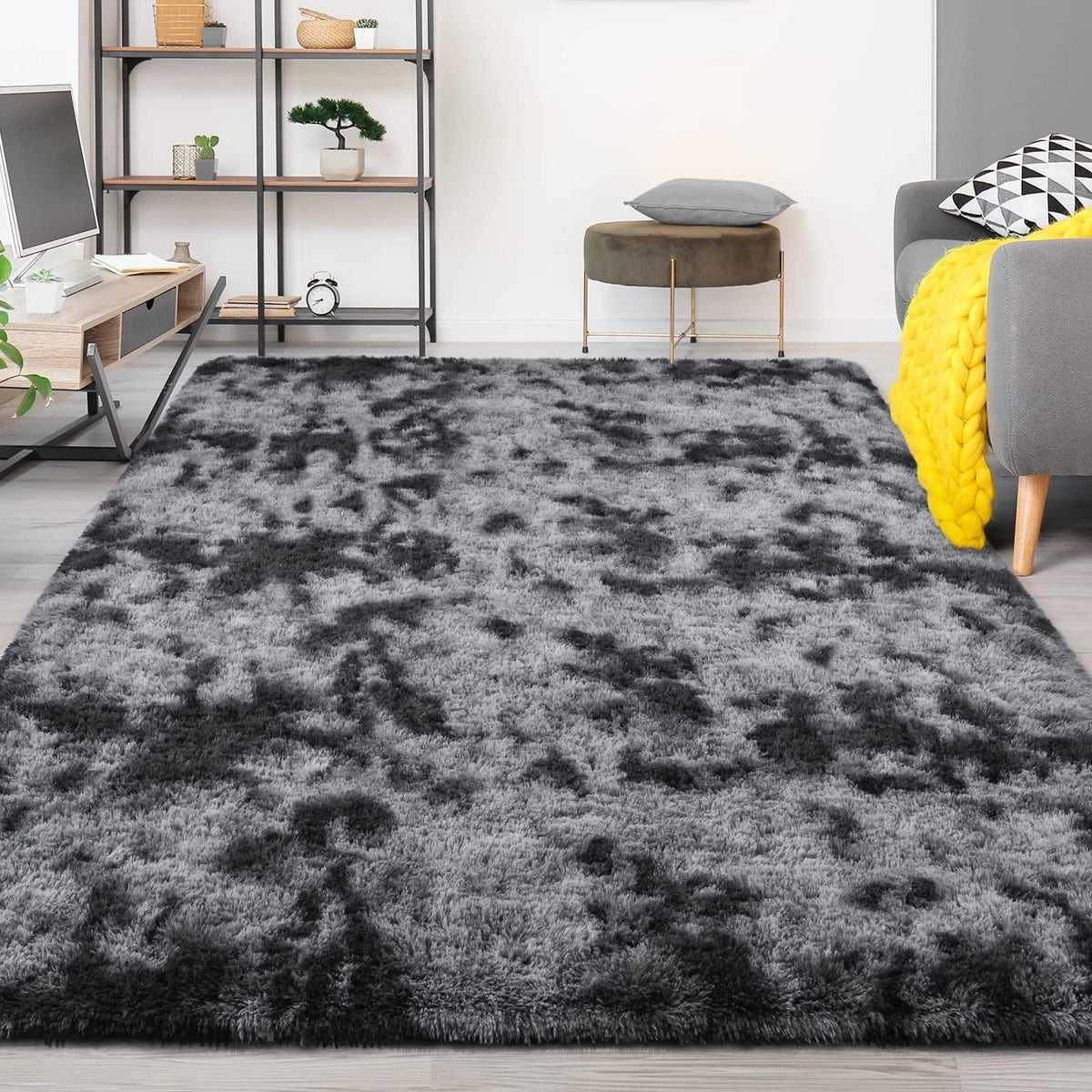 4x6 Feet Tie-Dyed Dark Grey Shaggy Area Rug for Living Room