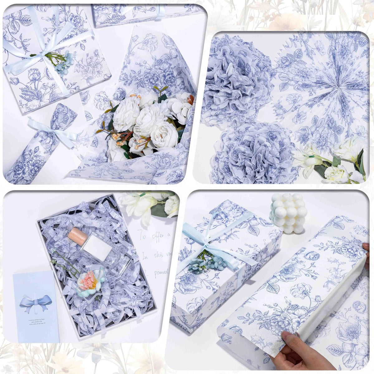 Floral Tissue Paper Bulk Set of 20x14 Inches - Blue and White