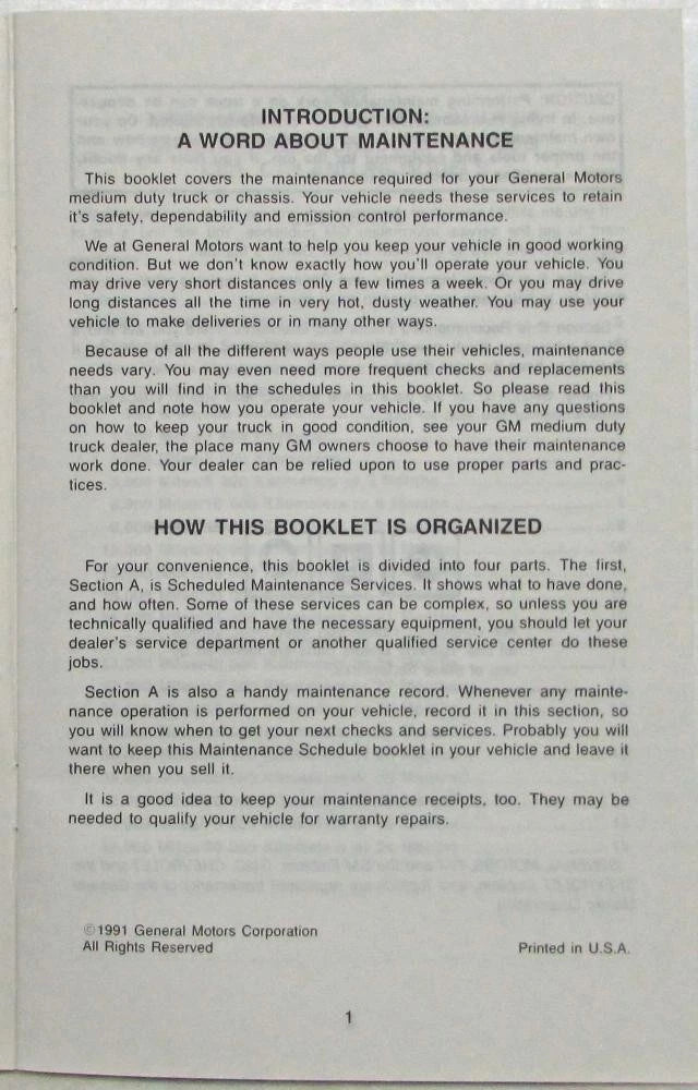 Maintenance Schedules Booklet for GMC TopKick Truck (1992)