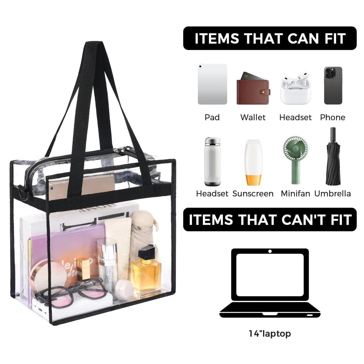 Clear Stadium Approved Tote Bag for Events (12x12x6in, Black)