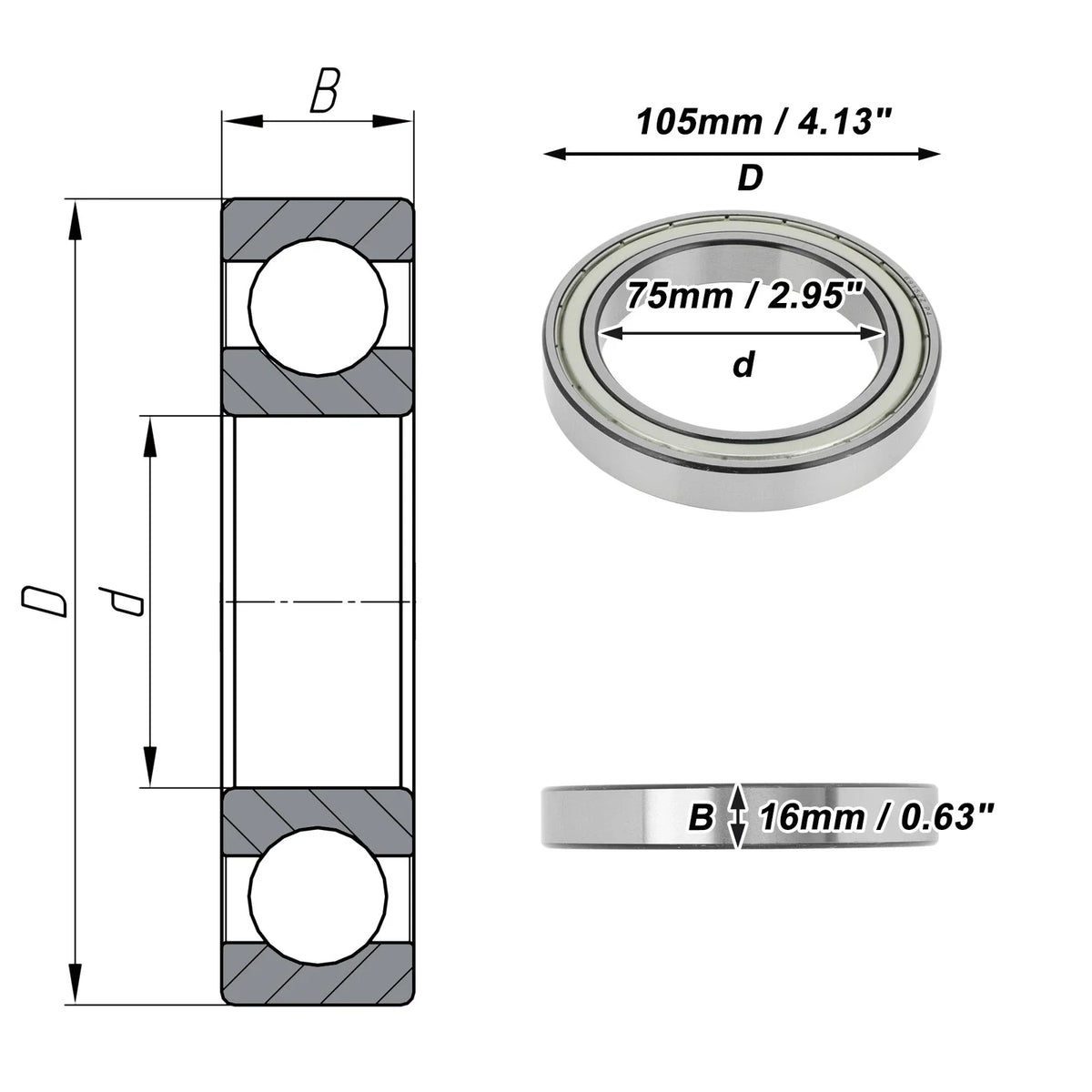 Deep Groove Ball Bearings 6915ZZ for Scooter Skateboard Wheel (75x105x16mm)