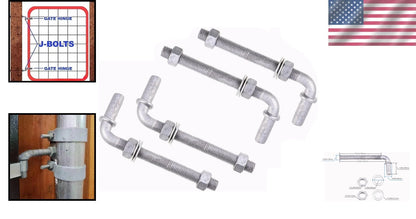 Set of 4 Adjustable 6" J-Bolt Hinges with 5/8" Hinge Pin for Gates