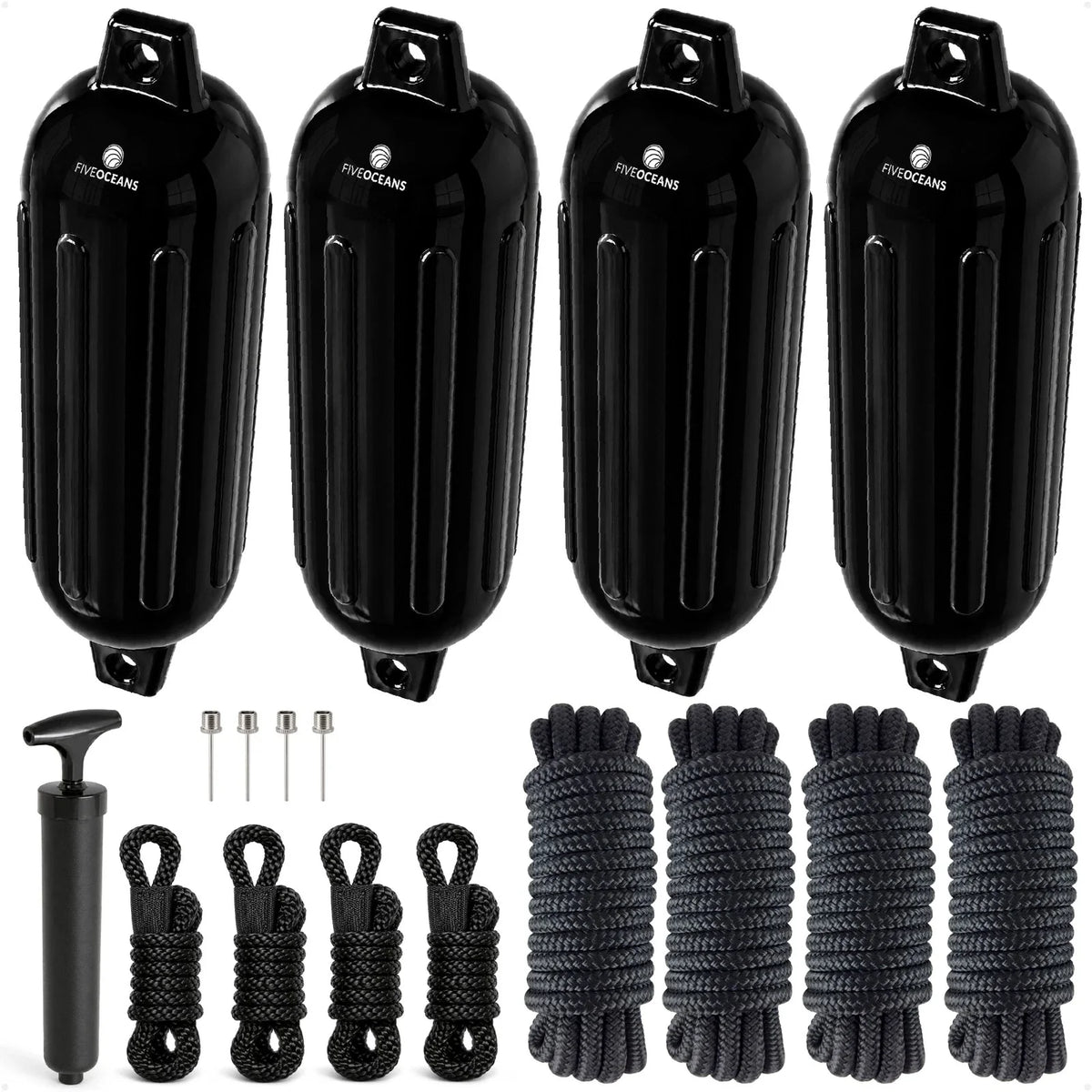 Set of 4 Boat Fenders 4.5" x 16" with 3/8" x 15' Dock Lines