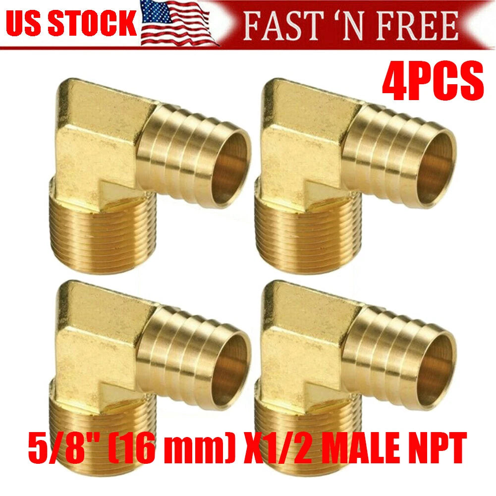 Set of 4 Brass 90 Elbow Hose Barb x 1/2 NPT Male Pipe Fittings
