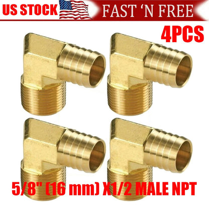 Set of 4 Brass 90 Elbow Hose Barb x 1/2 NPT Male Pipe Fittings