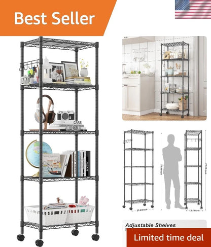 5-Tier Wheeled Metal Shelves with Side Hooks for Organization