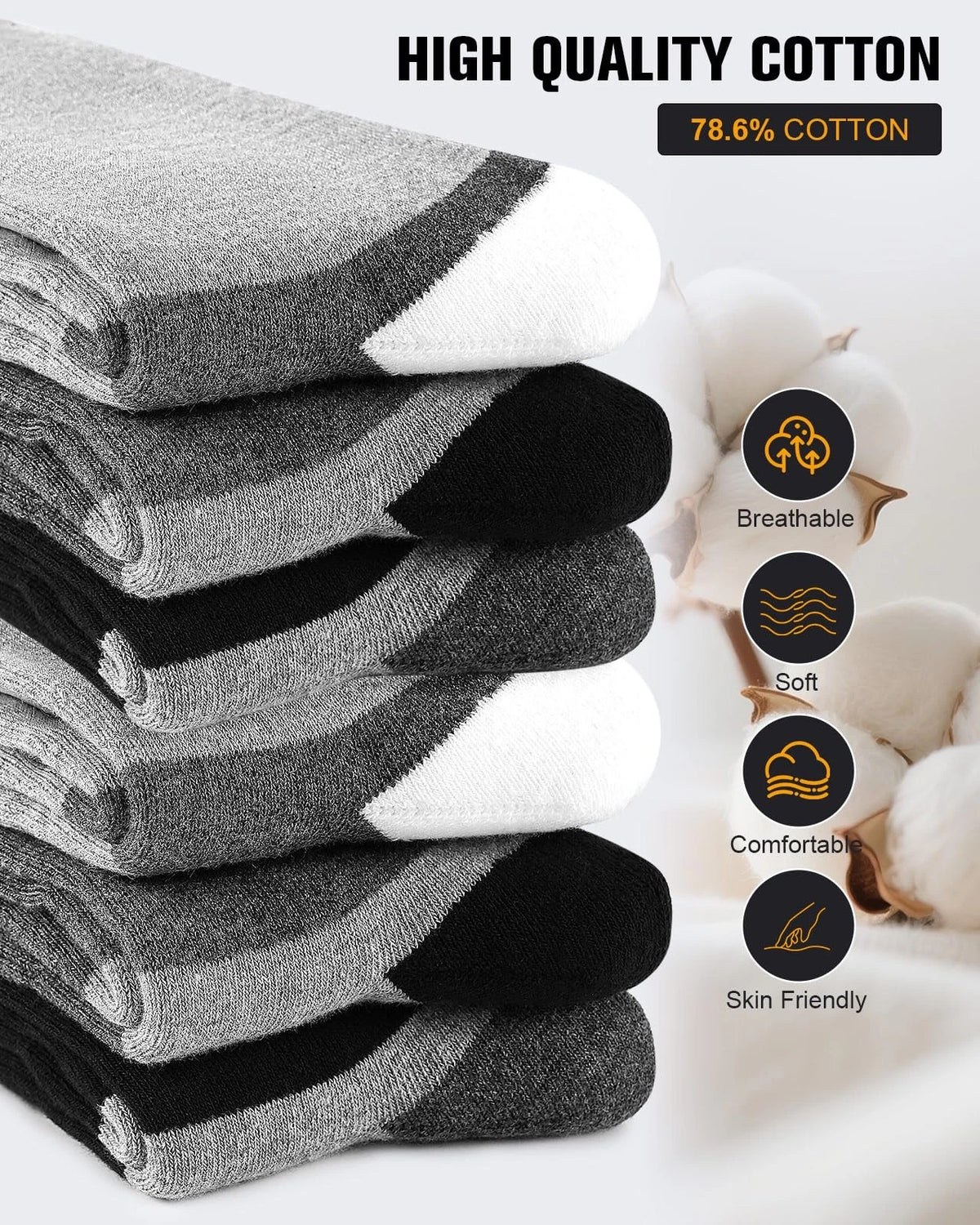 Set of 6 Men's Cotton Crew Work Boot Socks for Various Sizes (9-12)