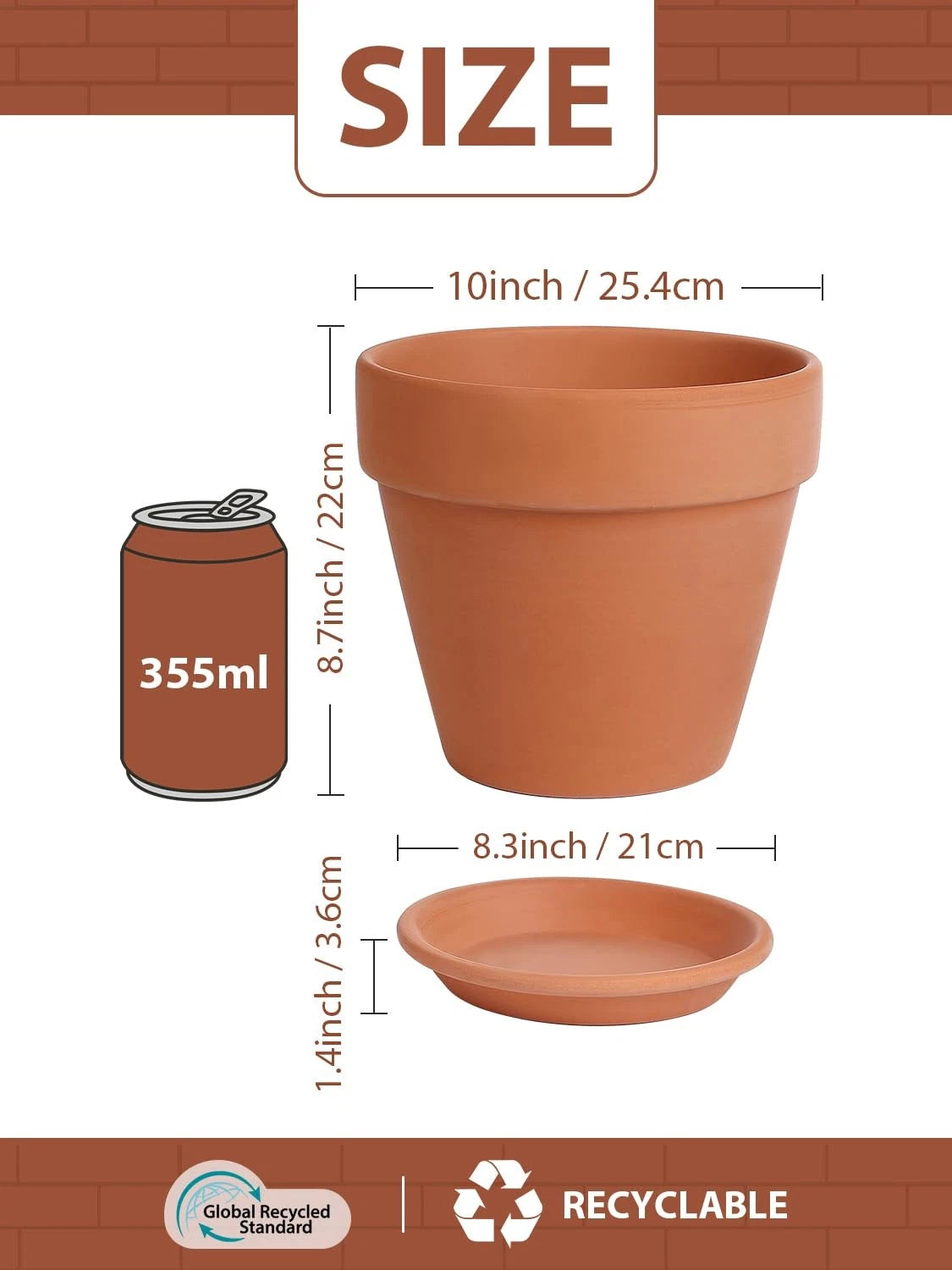10 Inch Terracotta Pot for Indoor Outdoor Planting