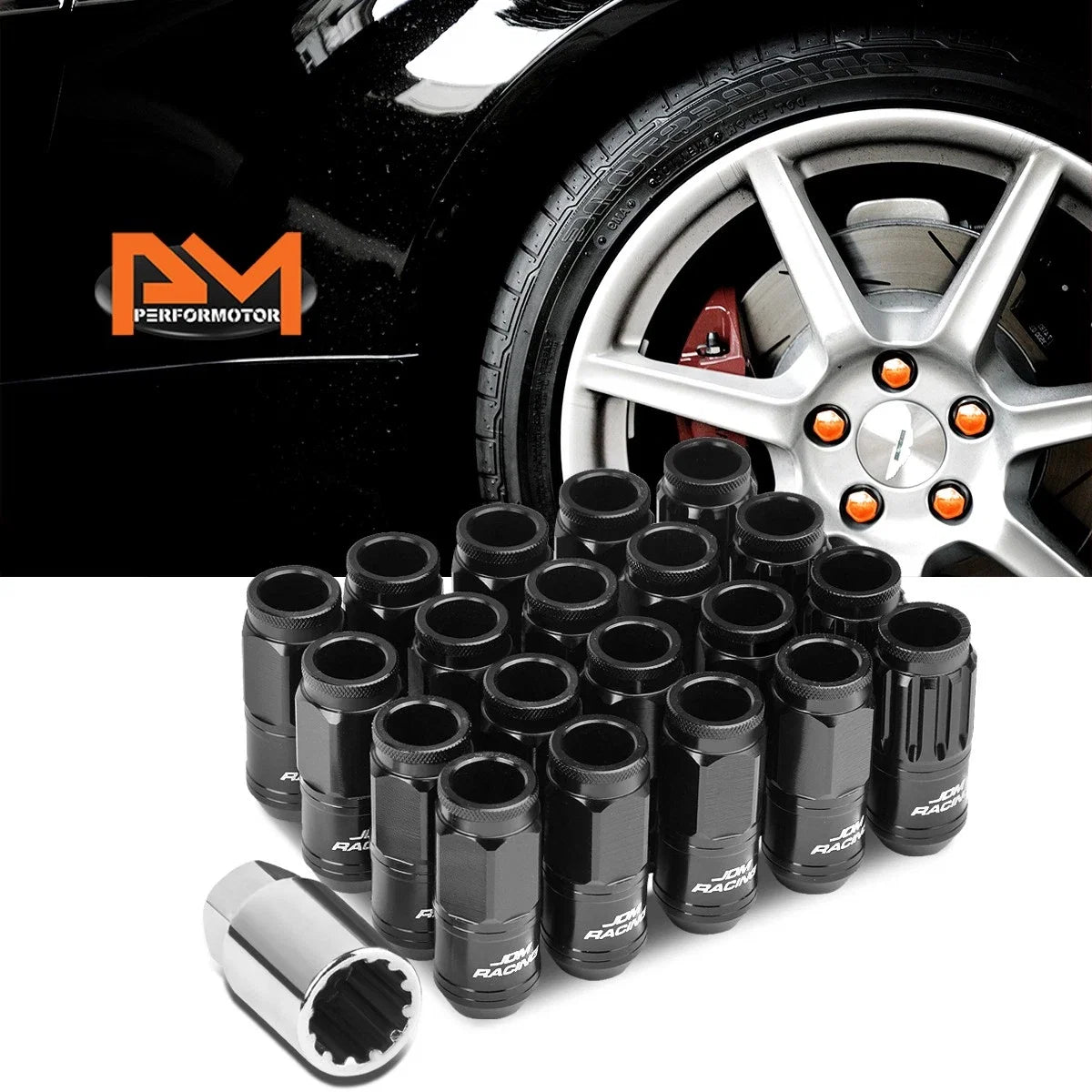20Pc M12X1.5 Black JDM Open End Cone Wheel Lug Nuts + Spline Locks + Key