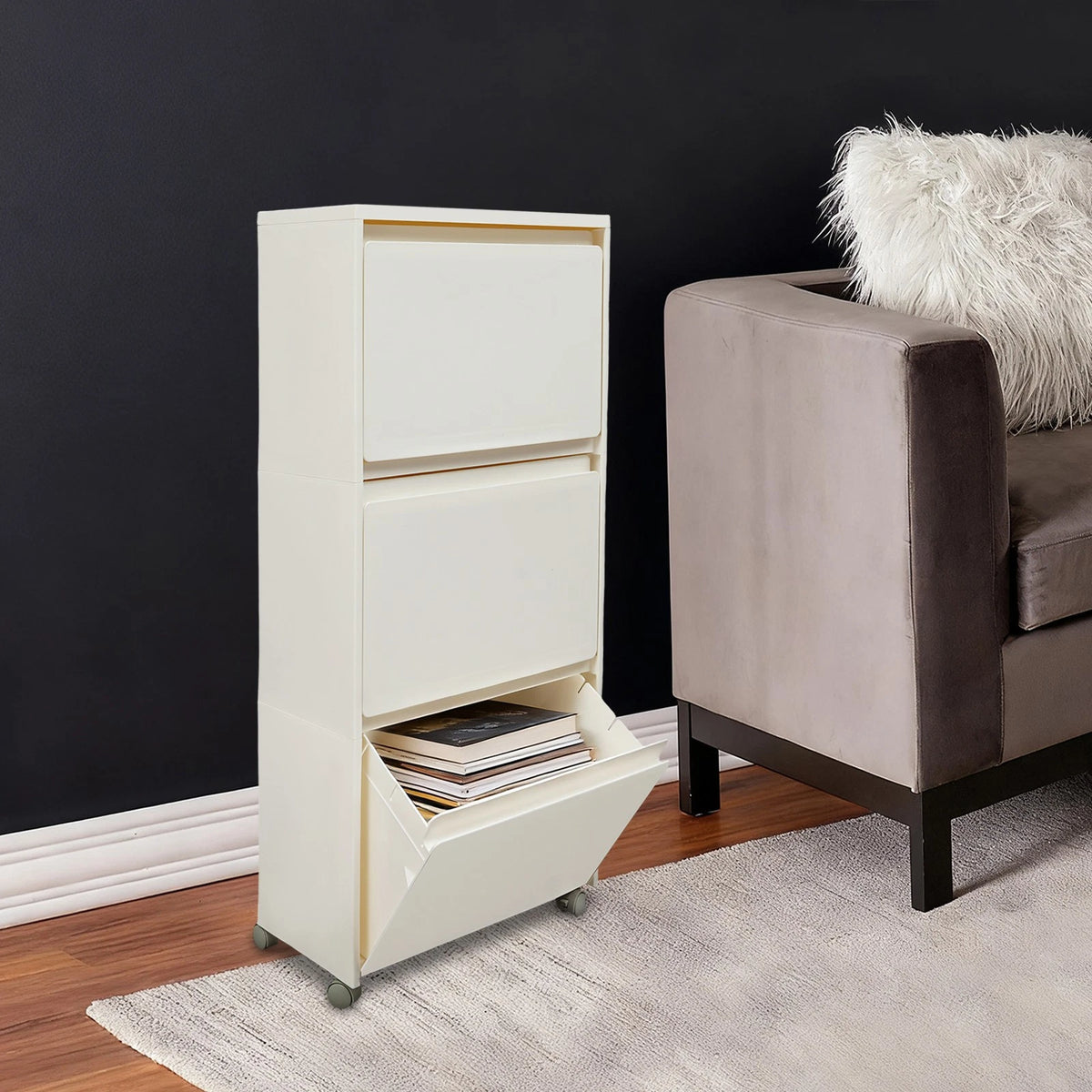 3 Tier Book Storage Cabinet with 4 Wheels