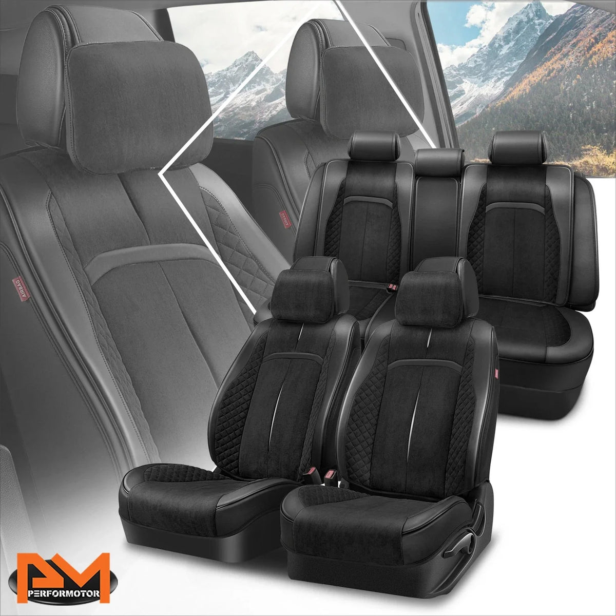 Set of 2 Universal Seat Covers for Cars (1st & 2nd Row) - Black