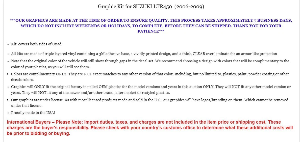 ATV Graphics Kit Decal Sticker for Suzuki LTR450 (2006–2009)