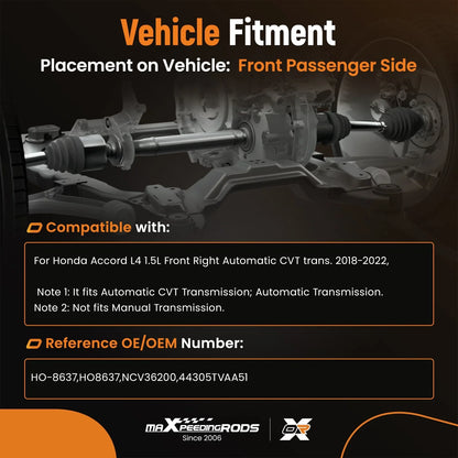 Front Right CV Axle Assembly NCV36200 for Honda Accord (2018–2022)
