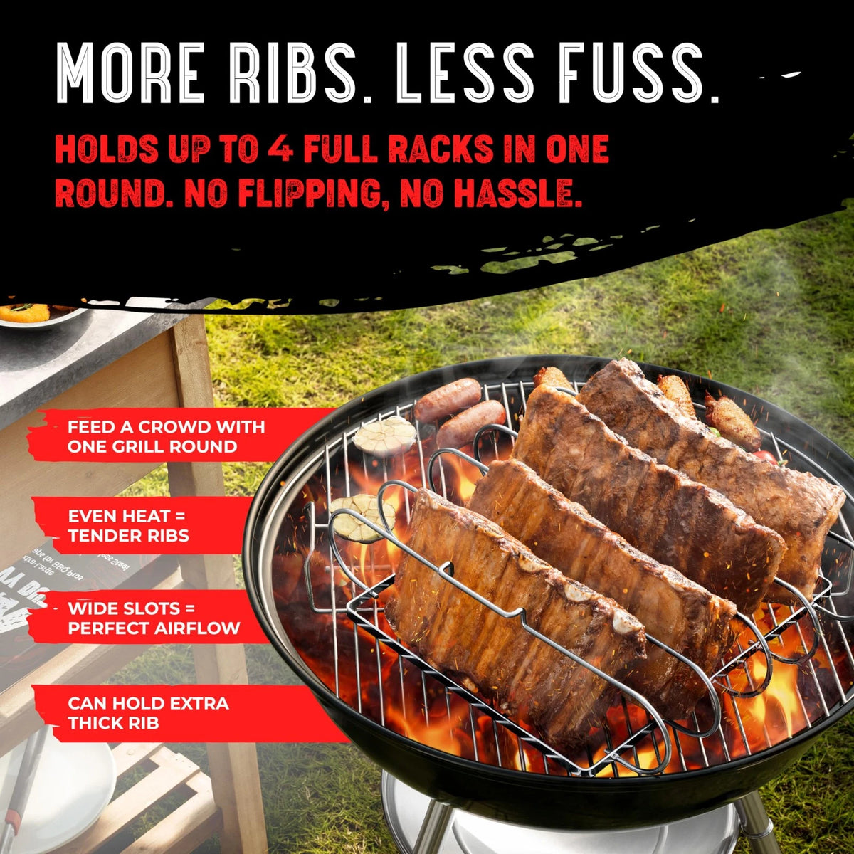 Rib Rack for Smoking & Grilling (Holds 4 Full Racks)