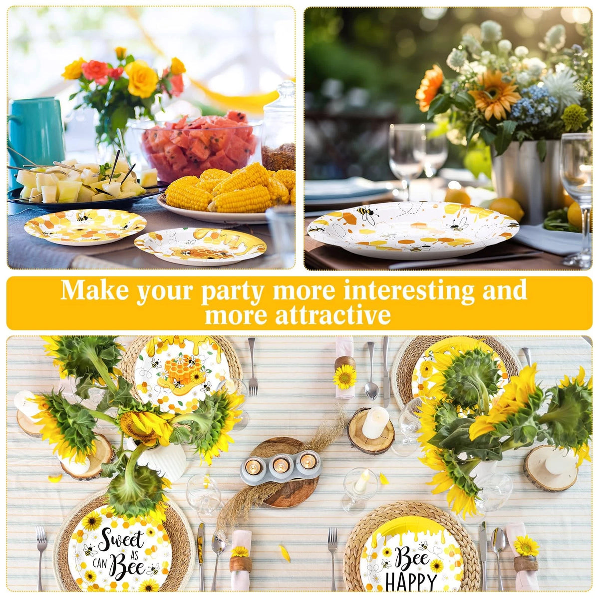 60 Pcs 7 Inch Honey Bee Paper Plates for Baby Shower Tableware