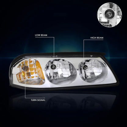 Chrome Housing Amber Corner Signal Headlight Lamps Pair for Chevy Impala (2000–2005)