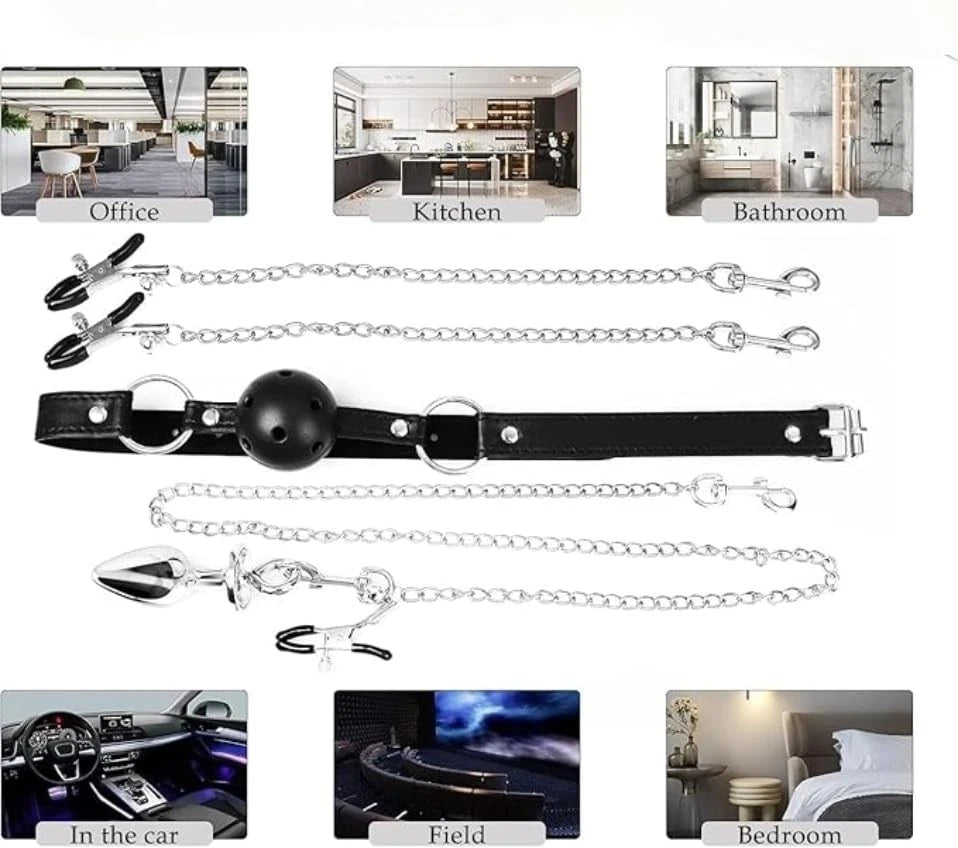 Vented Mouth Ball Gag with Nipple Clamps & Anal Toy Kit for BDSM