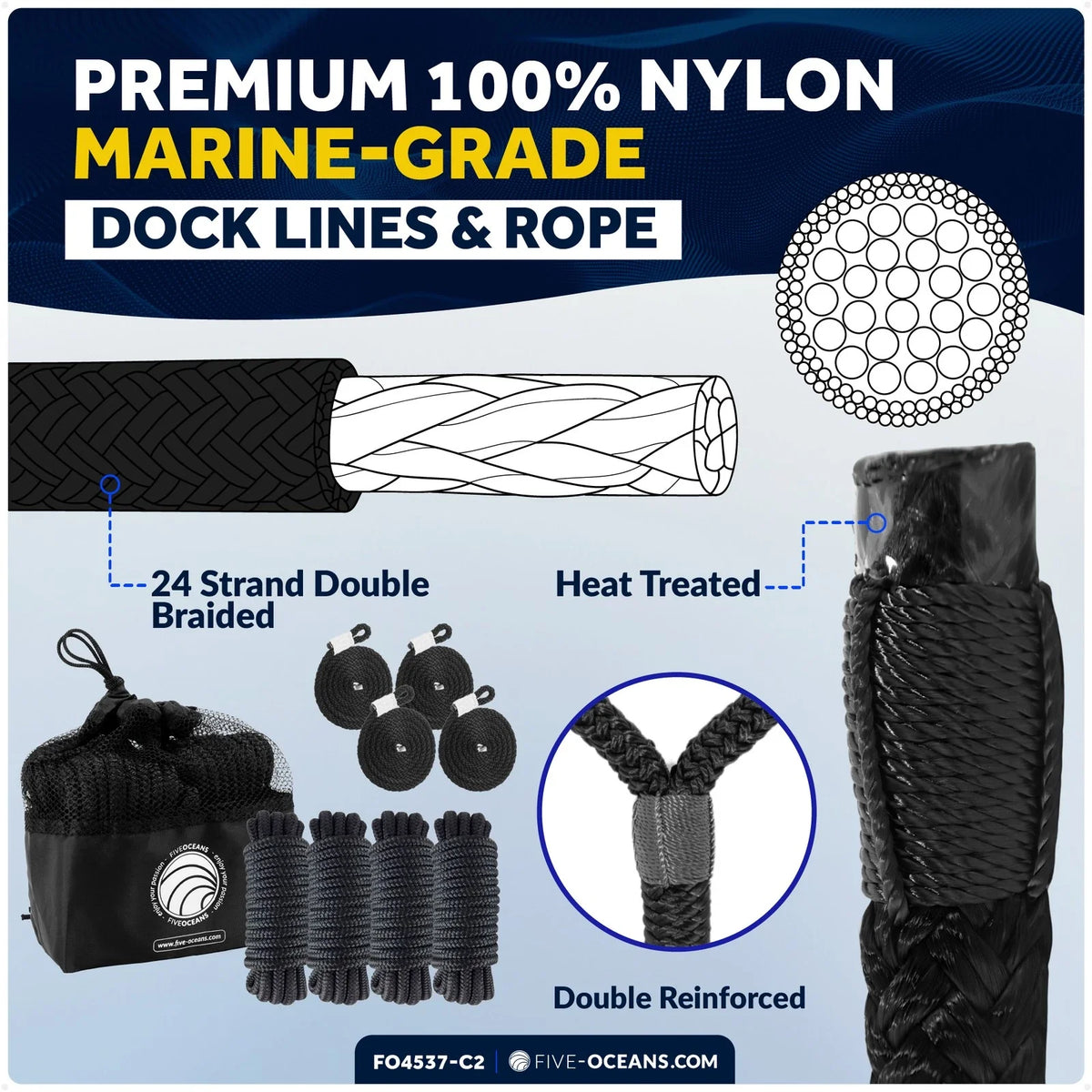 Set of 4 Boat Fenders 4.5" x 16" with 3/8" x 15' Dock Lines