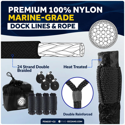 Set of 4 Boat Fenders 4.5" x 16" with 3/8" x 15' Dock Lines