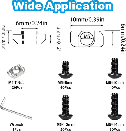 240Pcs 2020 Aluminum Extrusion Hardware Accessories for 2020 (M5) Black