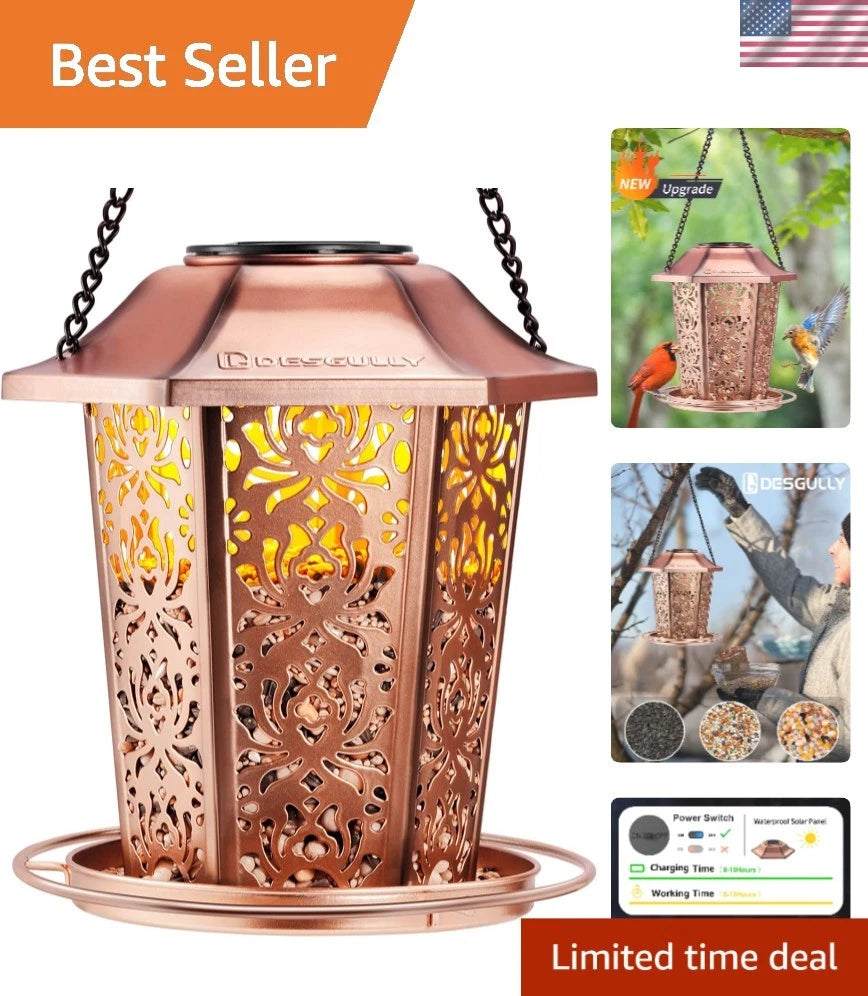 Solar Powered Metal Bird Feeder for Gardens (Weather Resistant, High Capacity)