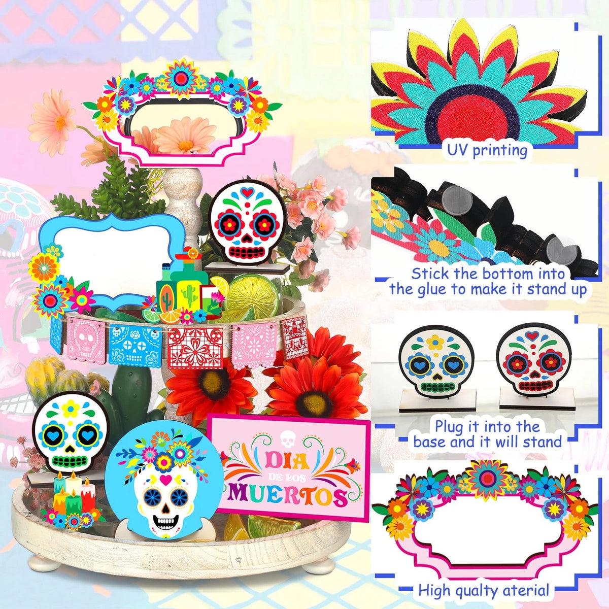 14 Pcs Day of The Dead Decor for Tiered Tray (Dia De Los Muertos)