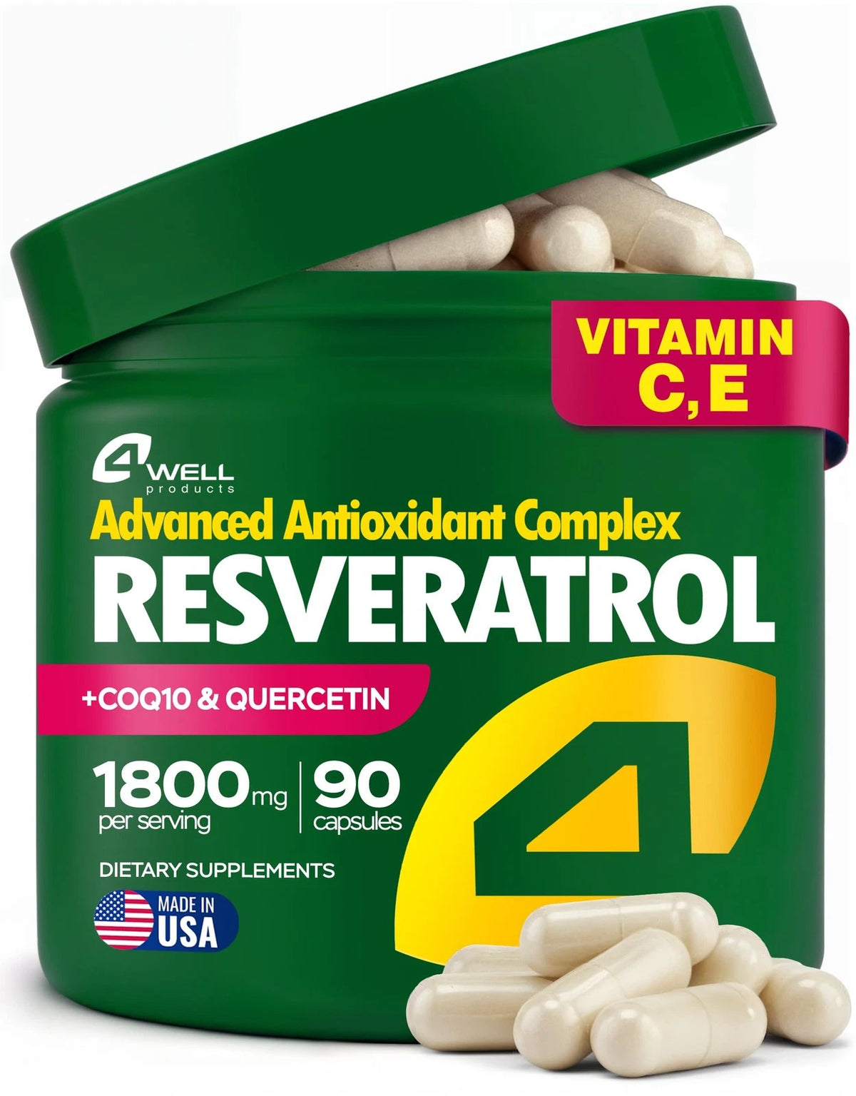 1800mg Resveratrol Supplement with CoQ10, 90 Count (Pack of 1)