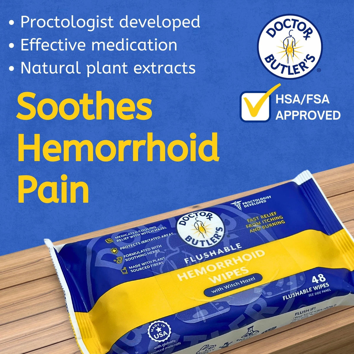48 Count Flushable Hemorrhoid Wipes for Doctor Butler's