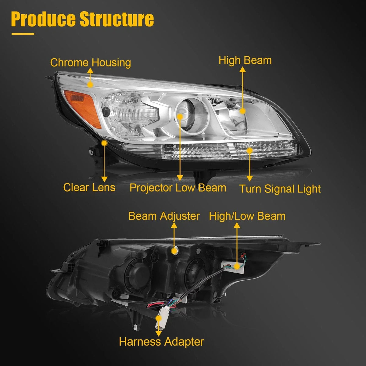 Set of 2 Chrome Headlights with Bulbs for Chevy Malibu (2013–2016)