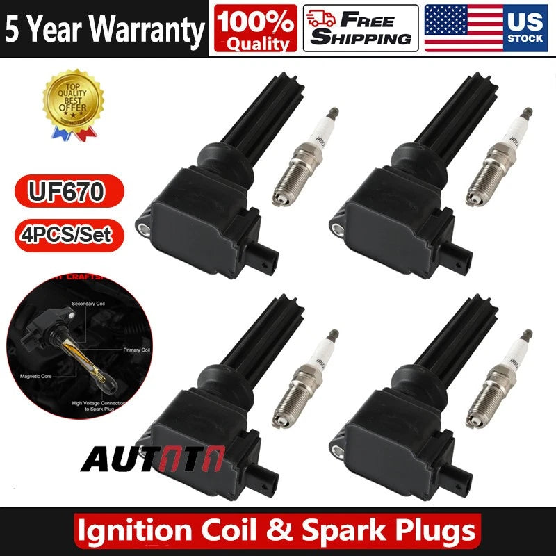 4x Ignition Coils & 4x Spark Plugs Kit for Ford Edge Escape Focus Fusion (2007–2019) UF670
