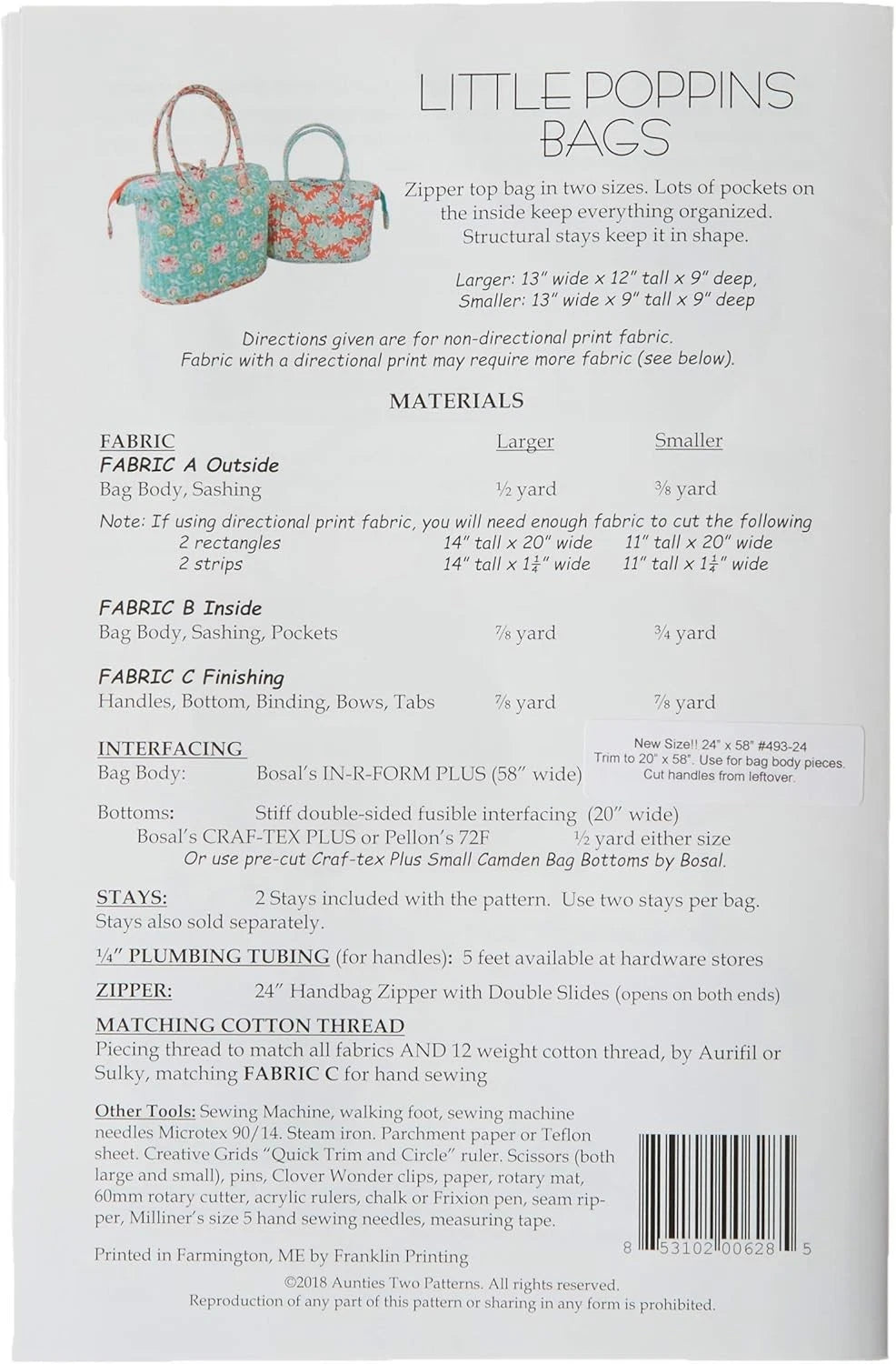 Little Poppins Bag Sewing Pattern (13"W x 12"T x 9"D)