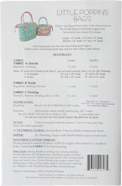 Little Poppins Bag Sewing Pattern (13"W x 12"T x 9"D)
