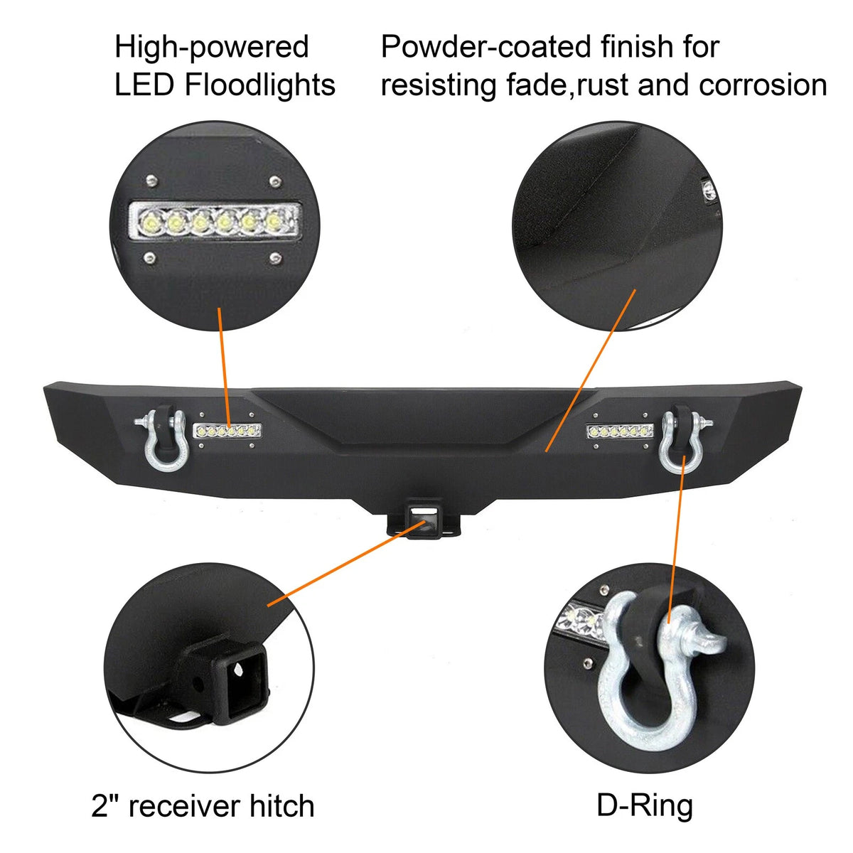 Rear Bumper w/ D Ring 2" Receiver LED for Jeep Wrangler JK (2007–2018)