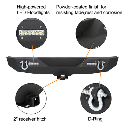 Rear Bumper w/ D Ring 2" Receiver LED for Jeep Wrangler JK (2007–2018)