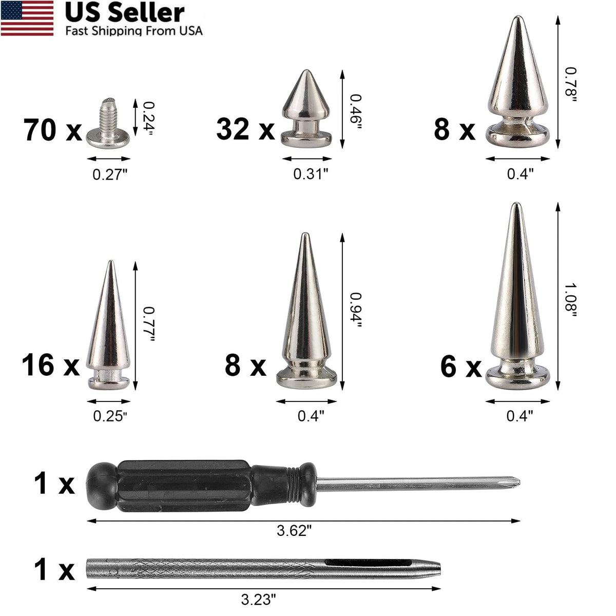 Set of 70 Mixed Shape Spikes and Studs for Automotive Use